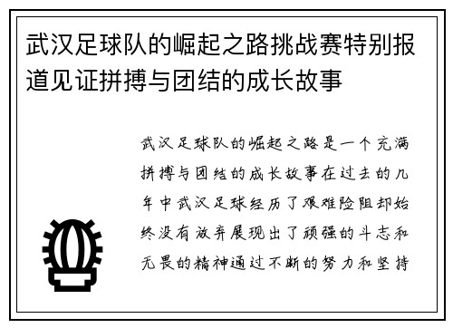 武汉足球队的崛起之路挑战赛特别报道见证拼搏与团结的成长故事