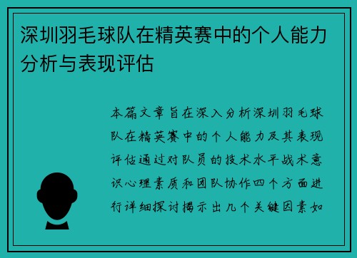 深圳羽毛球队在精英赛中的个人能力分析与表现评估